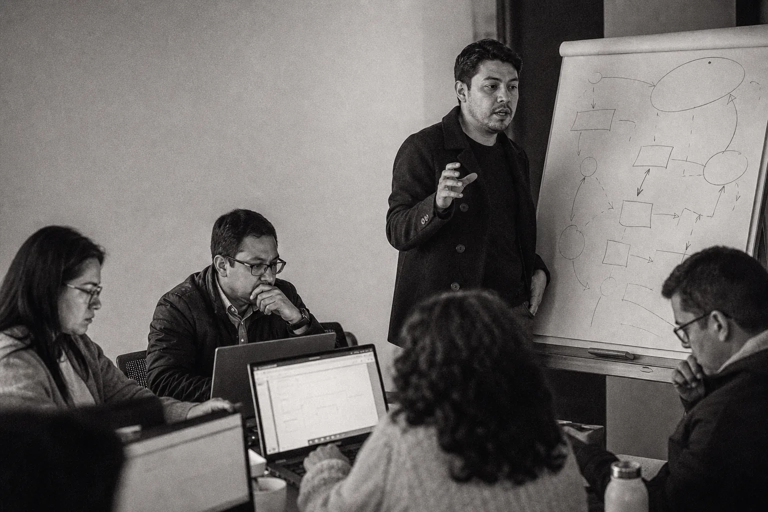 Taller de formación con un equipo trabajando, blanco y negro.